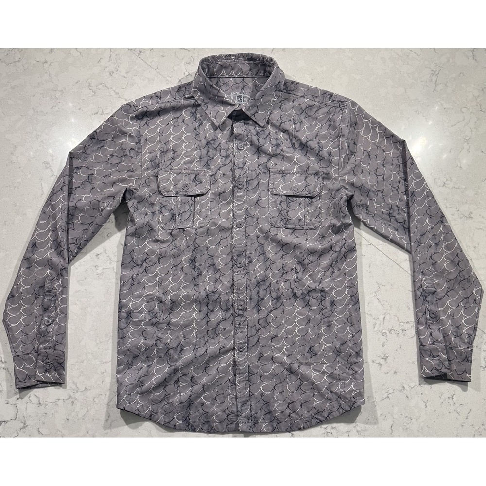 Reel Life Button Up Shirt Mens Small Gray Long Sleeve Fish Hook Stretch Fishing